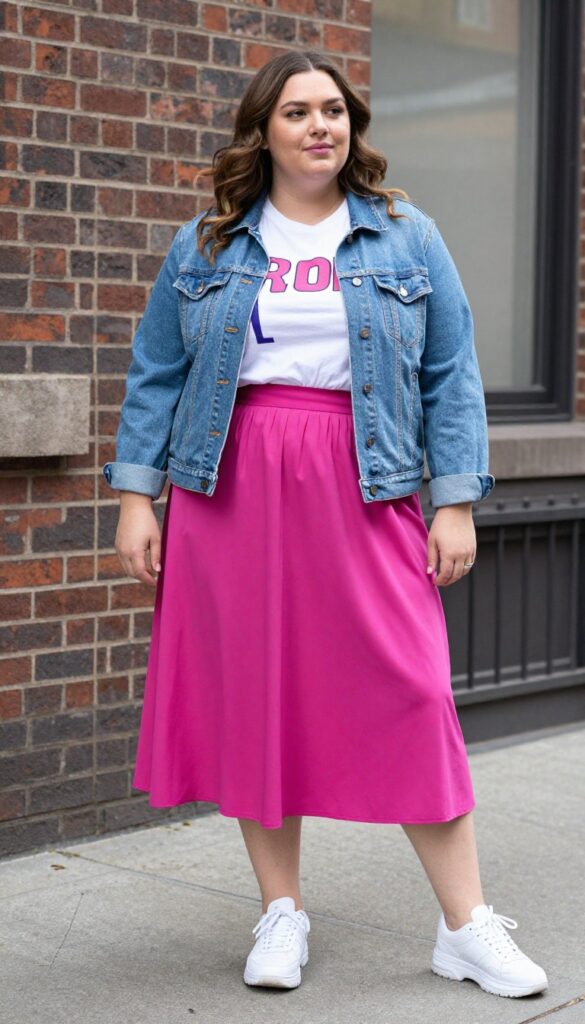 4. Denim Jacket over a Graphic Tee and Pleated Skirt