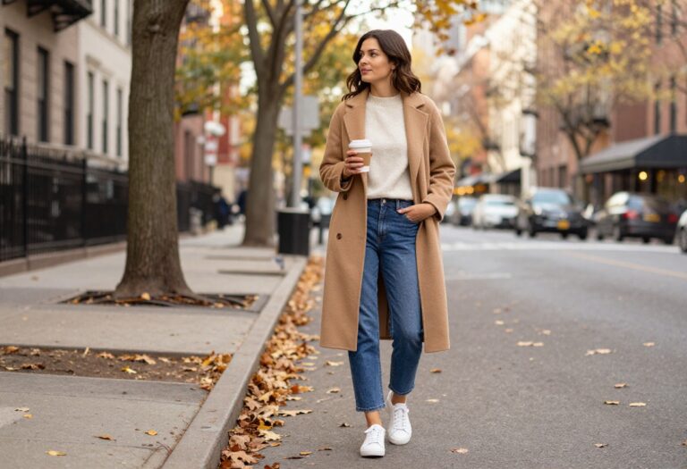Woman in camel coat and white sneakers on a fall New York street with leaves