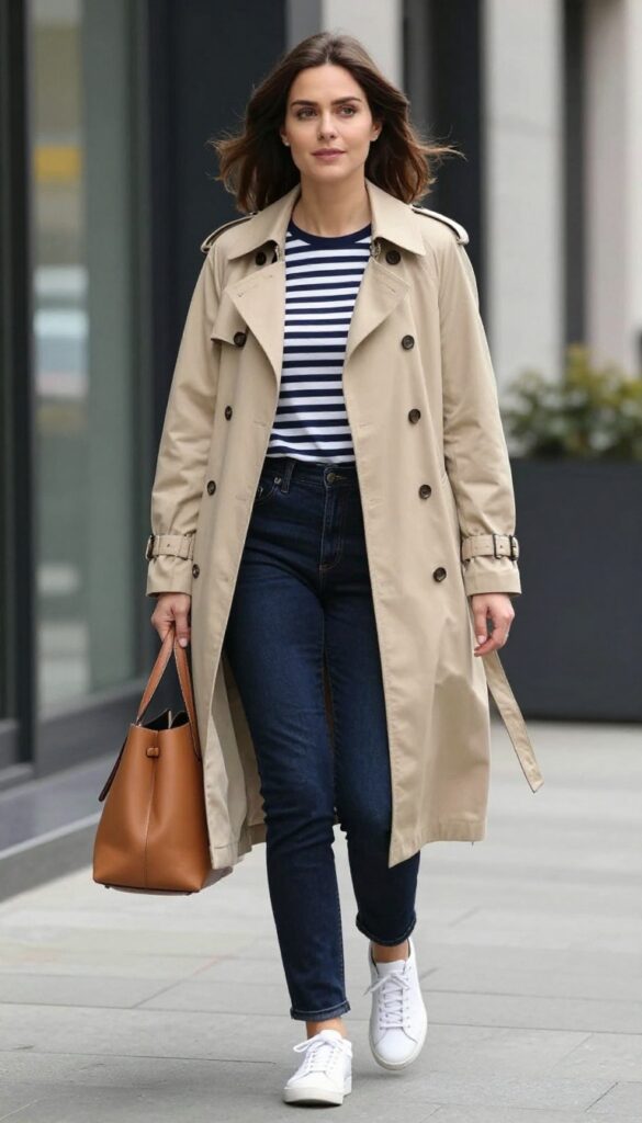 15. Trench Coat + Striped Top + Dark Jeans
