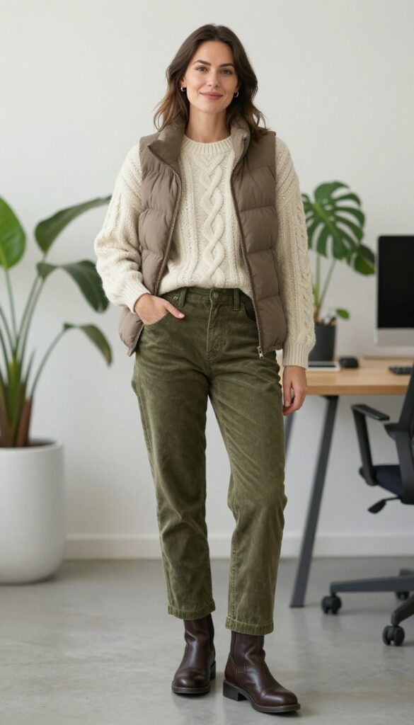7. Down Vest with a Chunky Sweater and Corduroy Pants