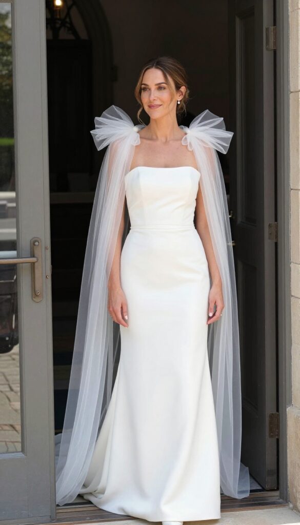 Bride in strapless wedding dress with detachable bow cape, standing in church doorway