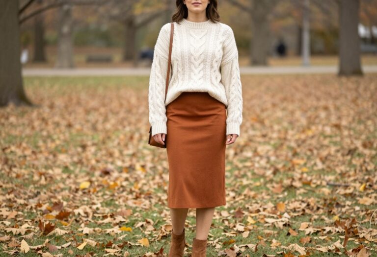 Woman in chunky sweater and midi skirt standing in autumn park