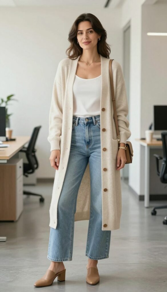 5. Cardigan + Wide-Leg Jeans + Mules