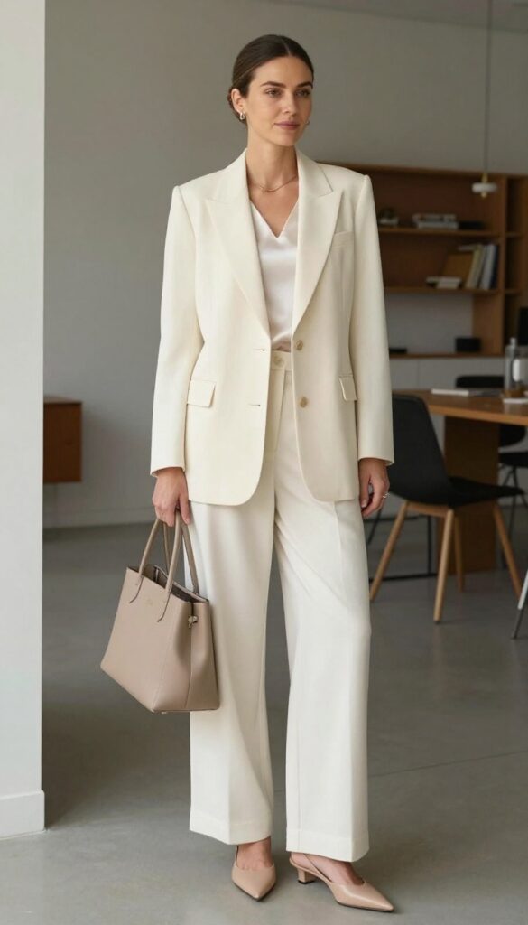 1. The Cream Blazer and Wide-Leg Trousers