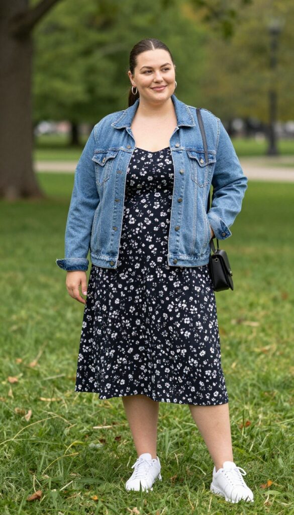 11. Denim Jacket Over a Floral Dress