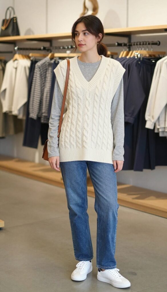 12. The Knit Vest Layer: Knit Vest + Long-Sleeve Tee + Straight Jeans