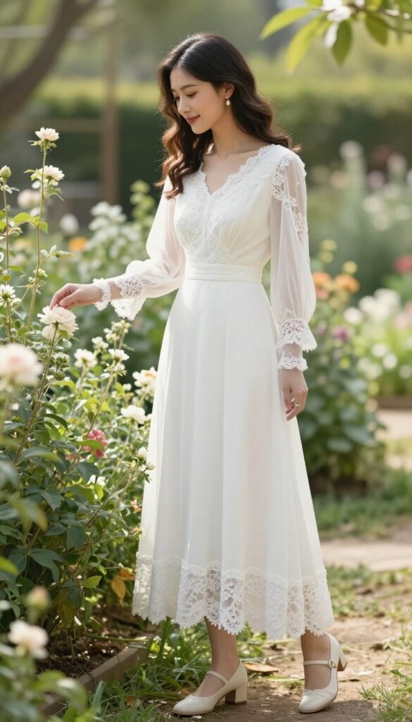 7. Tea-Length Dress with Lace-Trimmed Gloves