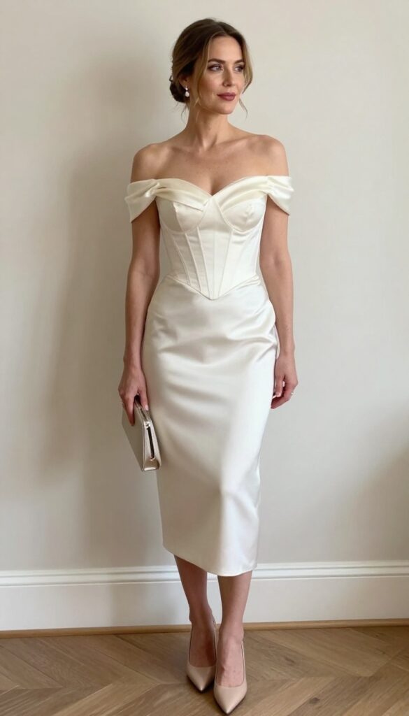 Adult woman in off-the-shoulder satin corset mermaid wedding dress, standing naturally with hand on hip, gentle smile, minimal jewelry, elegant indoor reception background.