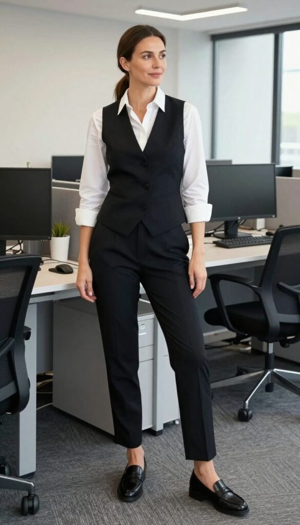 1. Black Vest + White Button-Down + Tailored Trousers
