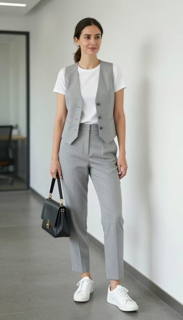9. Gray Pants + Matching Vest + White Tee + Sneakers