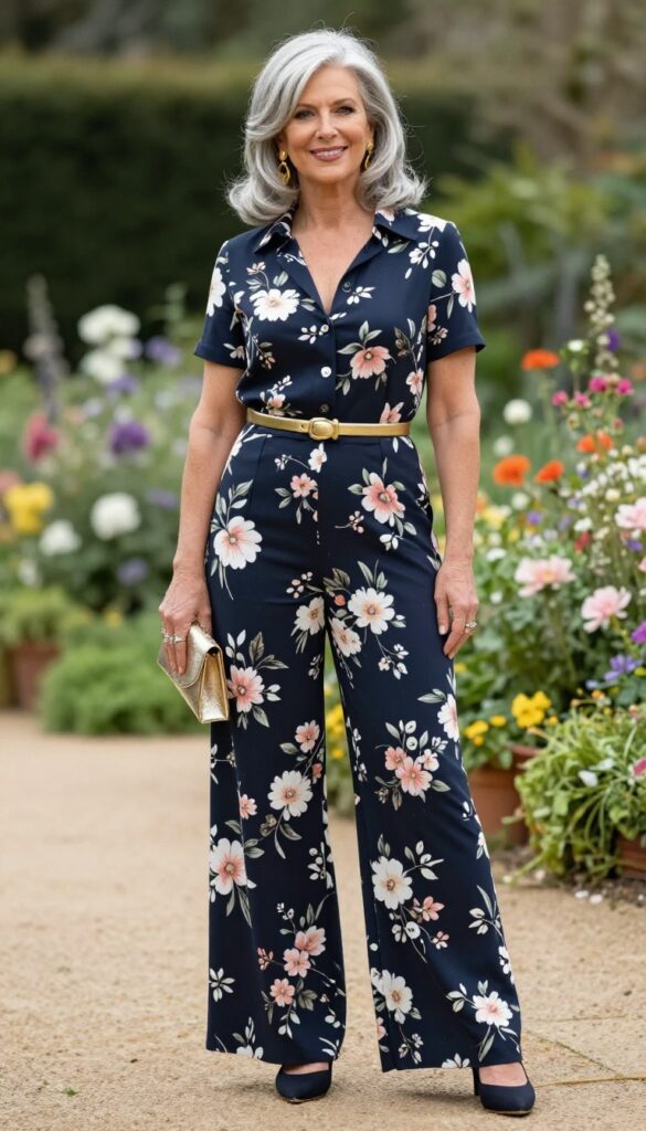 Older woman in floral jumpsuit with statement earrings at garden wedding