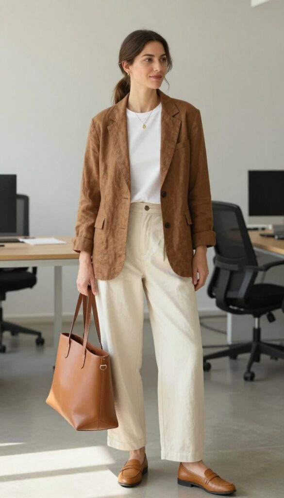 1. Brown Linen Blazer with White Tee and Cropped Trousers