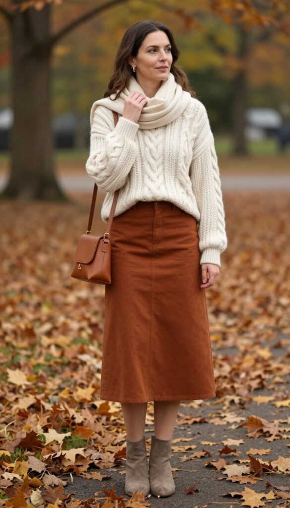 1. Chunky Knit Sweater + Midi A-Line Skirt + Ankle Boots