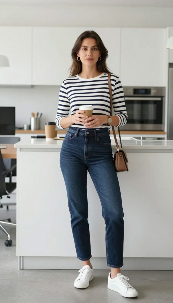 11. Breton Striped Top + High Waist Jeans + Sneakers