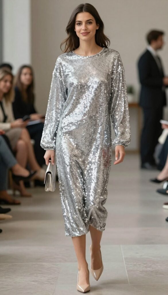 Woman in silver sequin shift dress with nude heels and metallic clutch at wedding reception