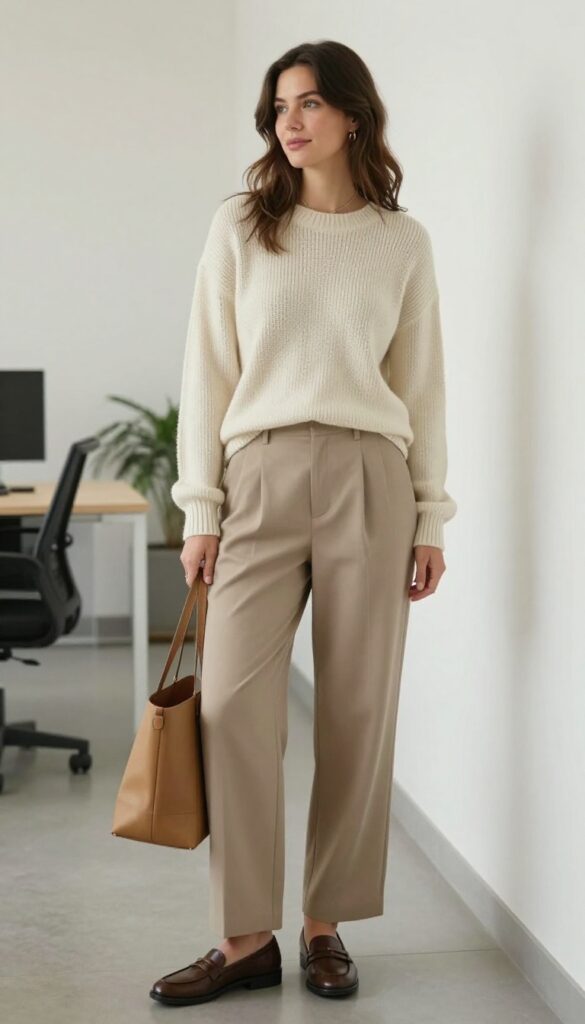 1. Cream Knit Sweater + Wide-Leg Trousers + Loafers