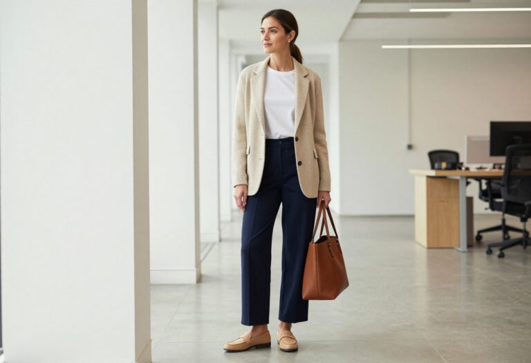 Woman in smart casual office outfit with knit blazer and wide-leg trousers