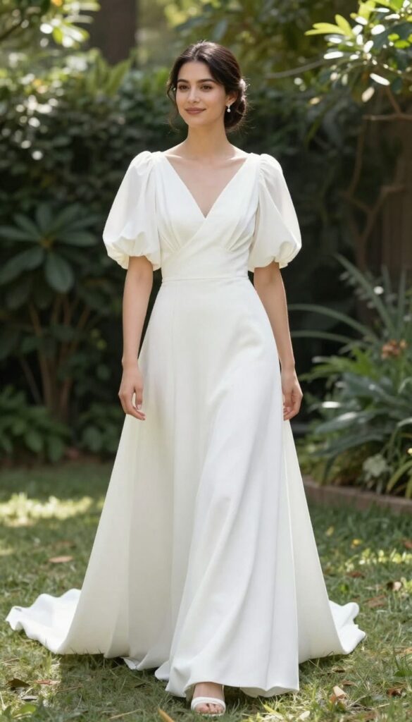 Bride in puff-sleeve wedding dress with semi-cathedral train, standing in a sunlit garden, wearing a veil and minimal jewelry.