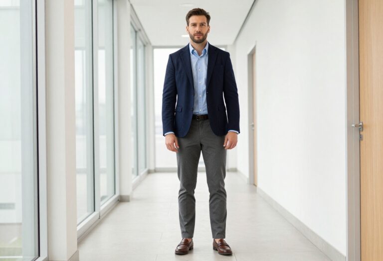 Man in navy blazer and grey trousers standing in office hallway