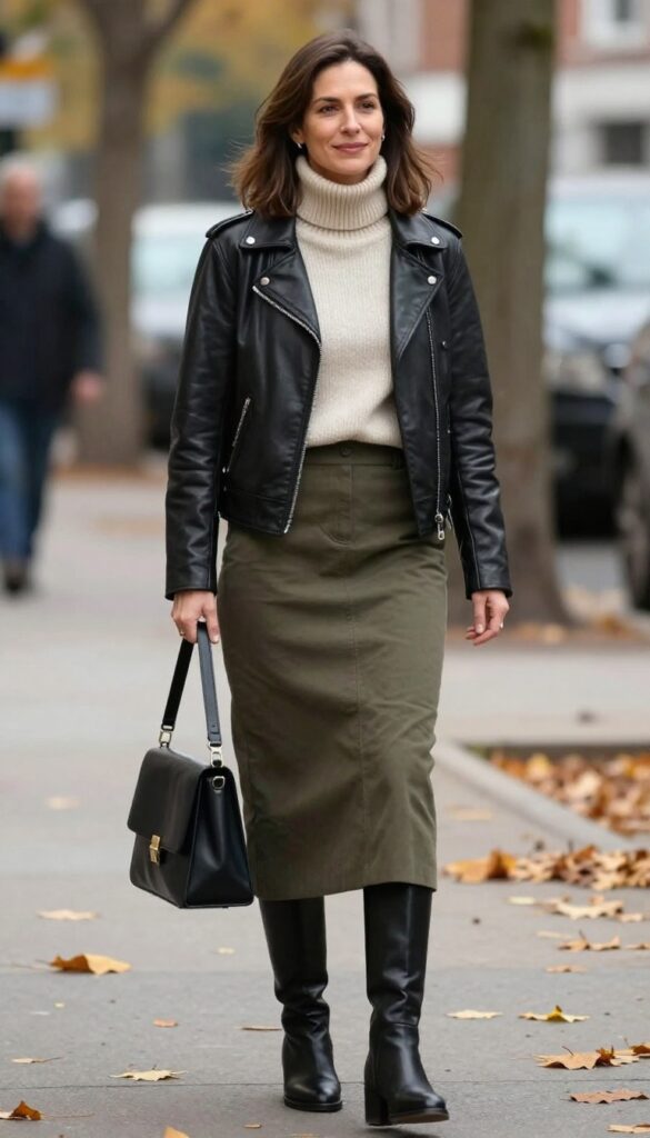 6. Leather Jacket + Midi Skirt + Ankle Boots
