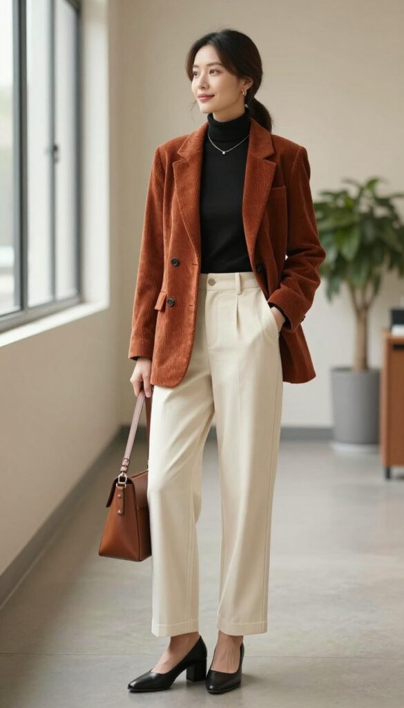 11. Corduroy Blazer + Turtleneck + Wide-Leg Cropped Pants + Mules