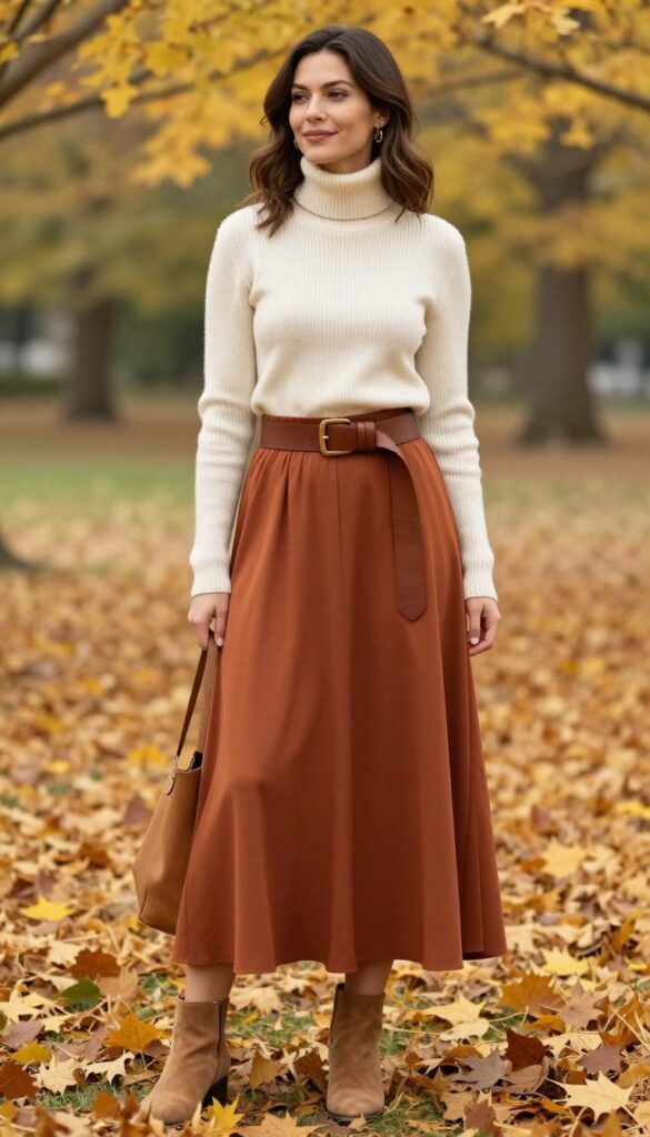 3. Flowy Maxi Skirt with a Turtleneck and Belt