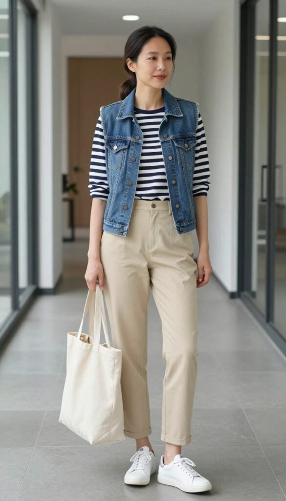 5. Denim Vest with a Striped Breton Top and Chinos