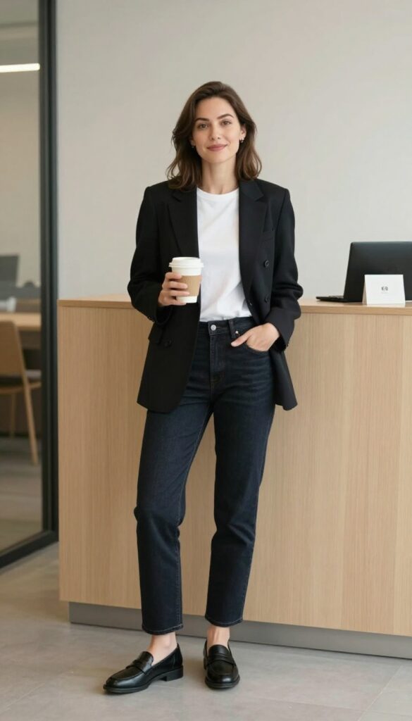 8. Black Blazer + White Tee + Dark Wash Jeans + Loafers