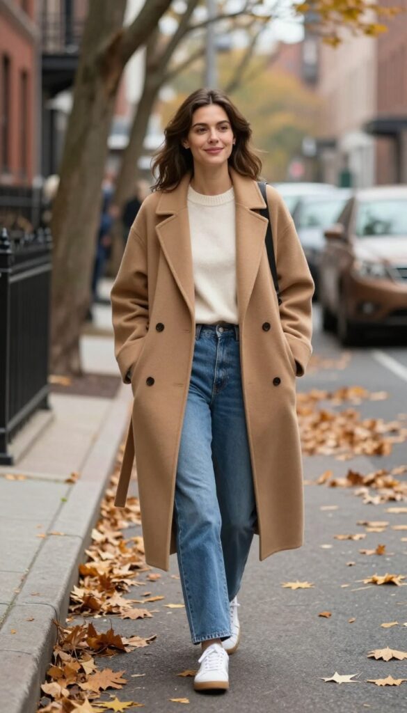 1. The Classic Camel Coat with White Sneakers
