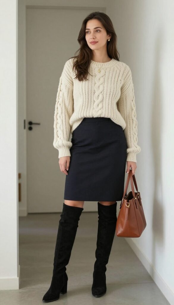 9. Cable-Knit Sweater + A-Line Midi Skirt + Knee-High Boots