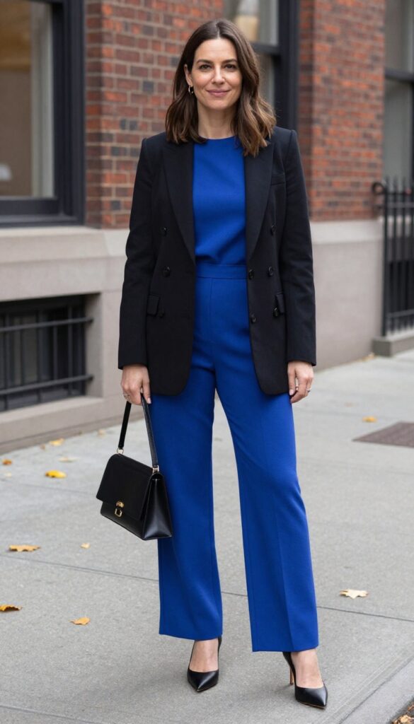 6. City Fall Wedding: Royal Blue Jumpsuit with Blazer