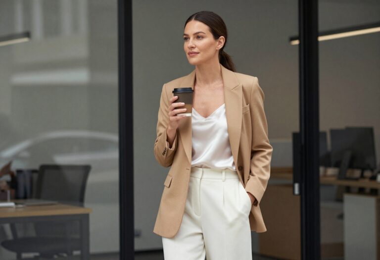 Woman in camel blazer and wide-leg trousers standing in modern office with coffee