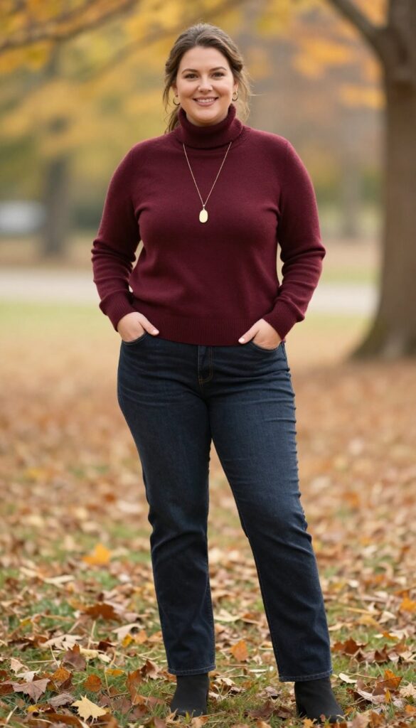 6. Burgundy Turtleneck with Dark Wash Jeans