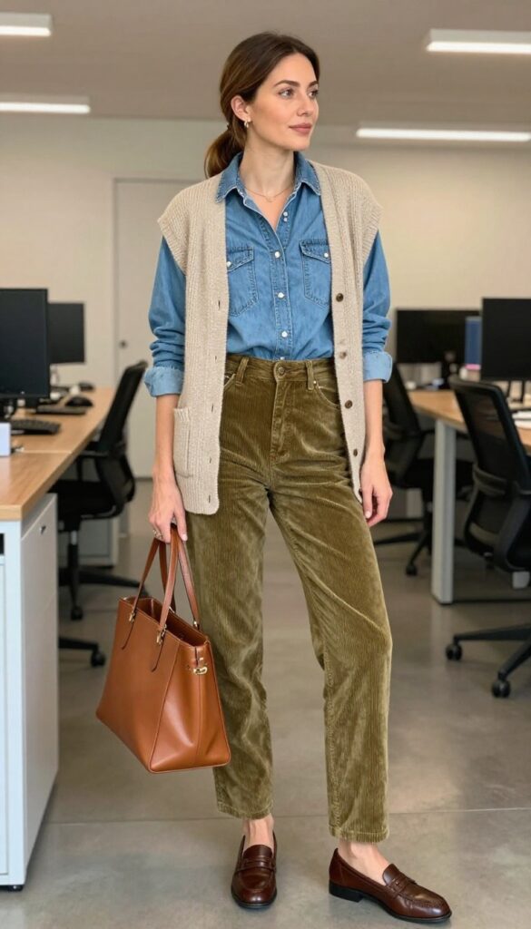 7. Denim Shirt + Cardigan + Corduroy Pants + Loafers