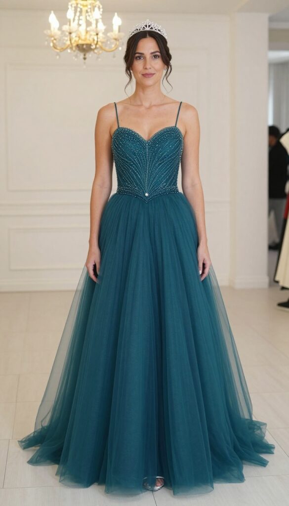 Adult woman in teal ball gown with beaded bodice, silver heels, and crystal tiara, posing in an elegant ballroom.
