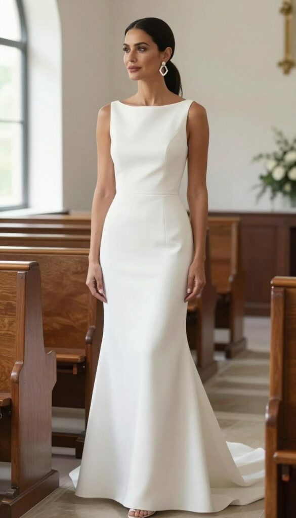 Woman in white straight wedding dress with sleek low ponytail and oversized geometric silver earrings, standing in a bright chapel.