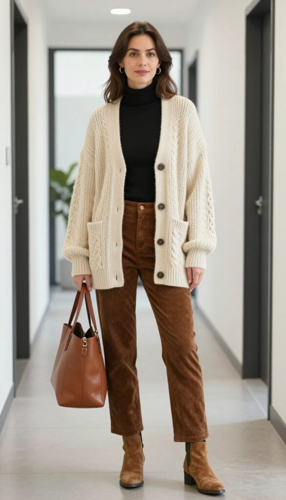 6. Oversized Cardigan + Turtleneck + Corduroy Pants