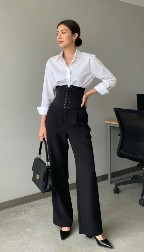 5. White Button-Down + Black Corset Belt + Wide-Leg Trousers