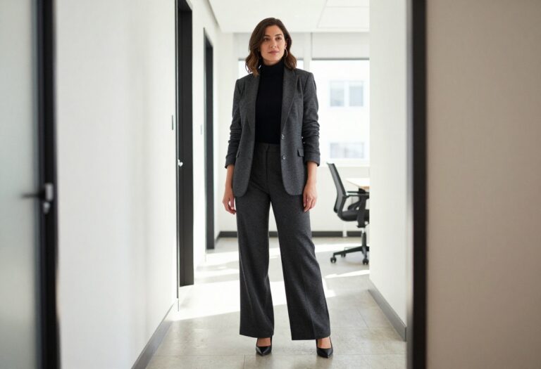 Woman in charcoal blazer and black turtleneck with wide-leg trousers, professional goth office outfit