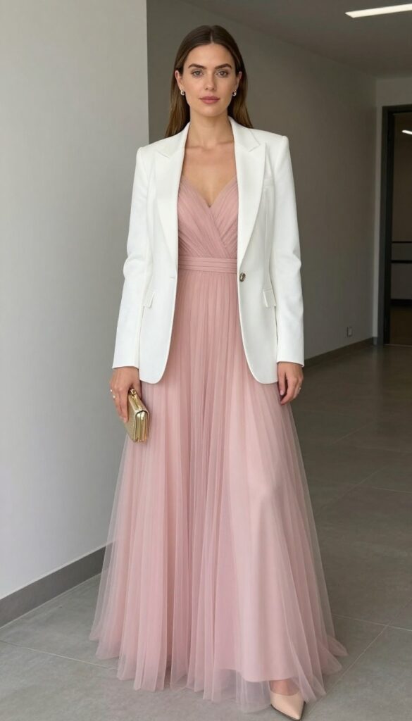 Woman in pink rose gold tulle wedding dress with white tailored blazer, nude pointed flats, and gold clutch in courthouse hallway