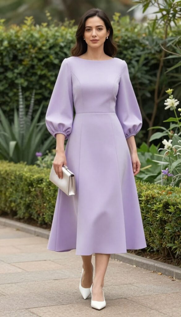 Young adult woman with standard body type wearing a lilac boat neck wedding dress with lantern sleeves, standing in a lush garden with soft natural light, smiling gently.