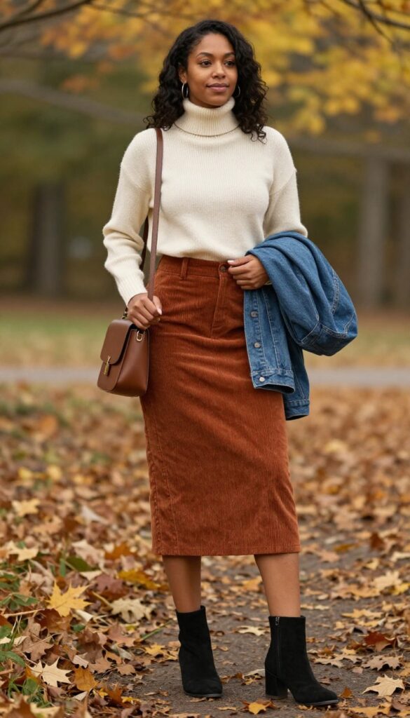 4. Midi Skirt + Turtleneck + Ankle Boots