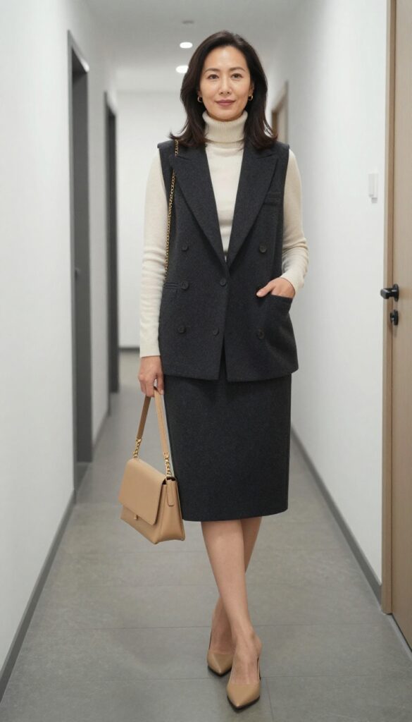 4. Double-Breasted Vest with A-Line Skirt