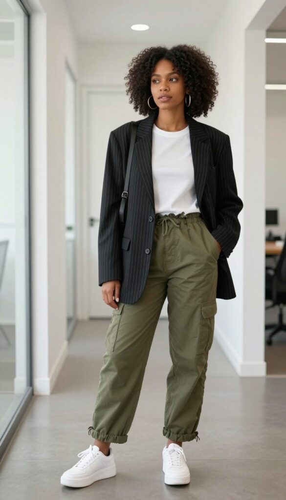 9. Pinstripe Blazer + White Tee + Cargo Pants