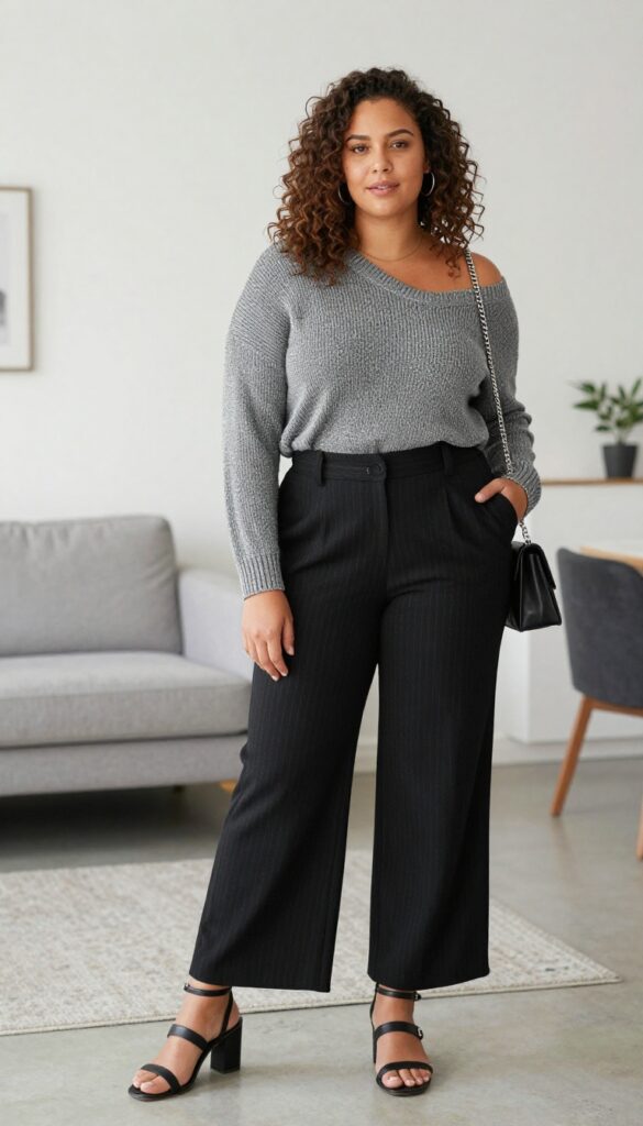 15. Off-Shoulder Top with Pinstripe Pants