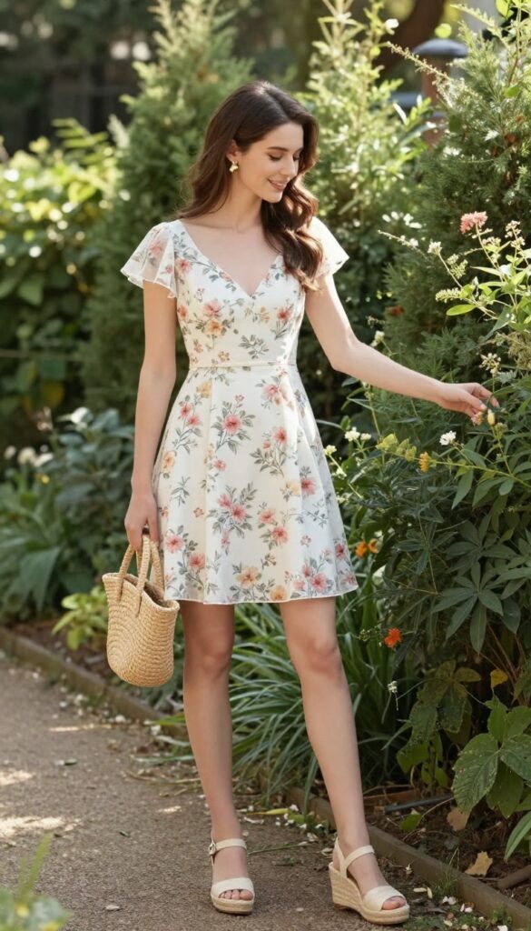 A young woman in a short floral drop waist wedding dress with cap sleeves, standing in a lush backyard garden. She wears natural espadrille wedges and carries a small straw bag. Soft afternoon sunlight filters through trees. She smiles naturally, one hand gently touching a flower.
