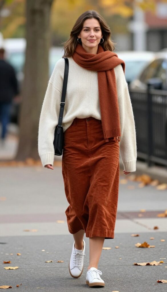 4. Midi Skirt + Oversized Sweater + Sneakers