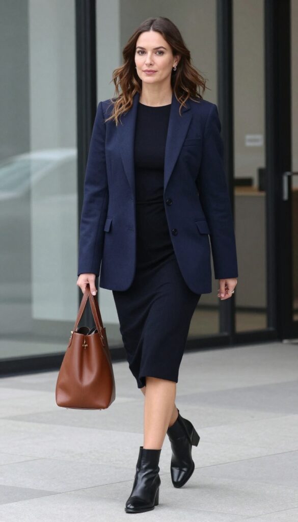 4. Blue Blazer + Midi Dress + Ankle Boots