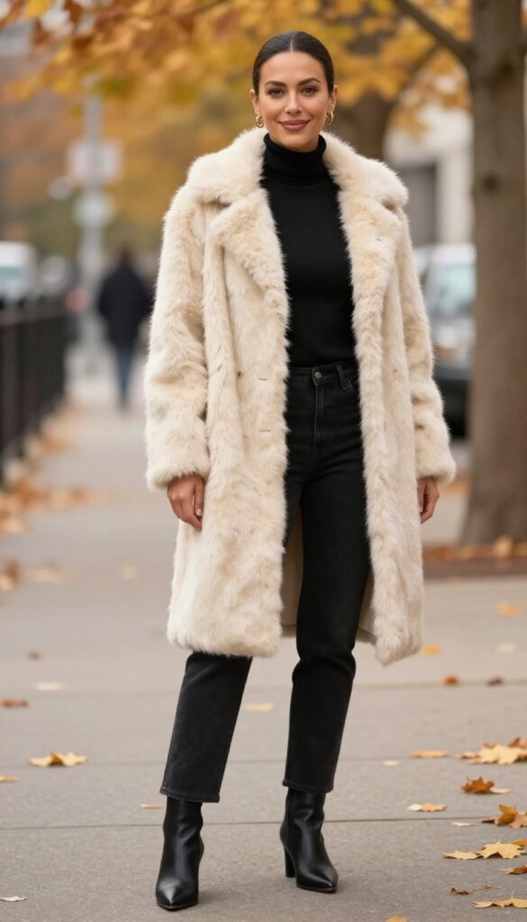11. Faux Fur Coat + Simple Knit + Black Jeans + Pointed Booties