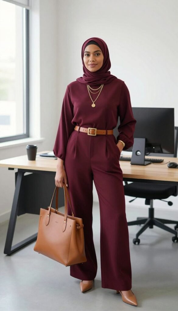 9. Jumpsuit + Belt + Layered Necklaces